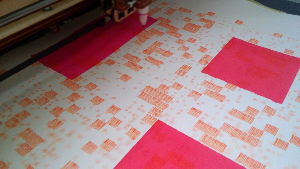 {CA}, 2015, liquid watercolor on cotton paper, 210x240cm (70x40cm each) – NoRAA working on {M}